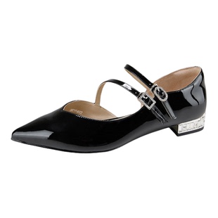 Dfuse迪芙斯2026春季新款尖头双条带钻口亮面漆皮单鞋平跟鞋