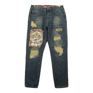 牛仔裤男30码欧版朋克破洞复古锥形中腰修身小脚长裤F103/7515-08