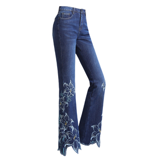 风姿歌2026微喇刺绣牛仔裤女高腰冬季大码胖MM显瘦小个子加绒裤