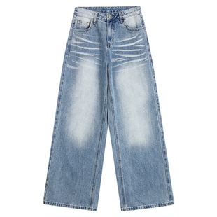MULVAN 【现货7折】丹宁版型 折痕水洗直筒牛仔裤女宽松阔腿裤