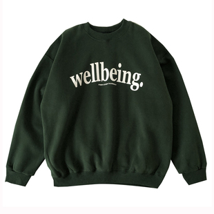 KAKASA WELLBEING宽松圆领墨绿卫衣美式复古藏蓝套头休闲上衣