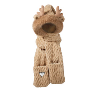 小熊帽子秋冬季百搭女可爱围巾手套连帽加绒保暖围脖一体三件套厚