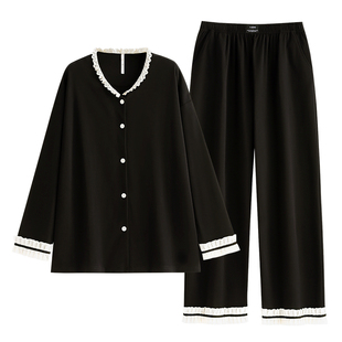 悦内睡衣女款春秋季纯棉长袖家居服秋冬时尚黑色高级感小香风套装