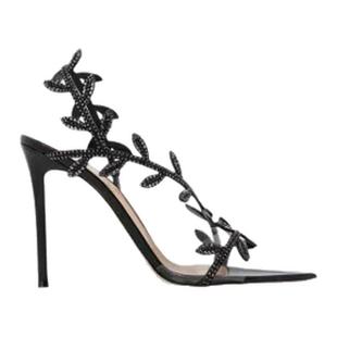 小众黑色水钻树叶露趾凉鞋女夏2026新款外穿一字带绝美细跟高跟鞋