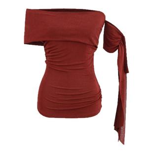 怪力酱 一字肩飘带斜肩短袖T恤女夏季高级感紧身收腰露肩辣妹上衣