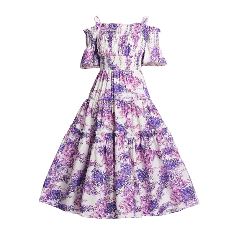 欧洲站一字碎花走秀礼服女神大花