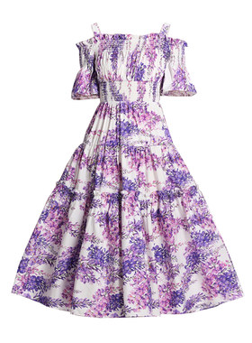 欧洲站一字碎花走秀礼服女神大花