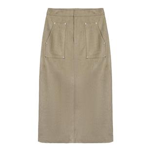 Dotdrobe多着 明星同款 麂皮绒大贴袋中长款半身裙咖色/浅卡其