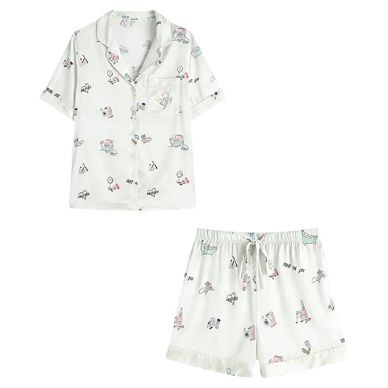 AMYDIMO2026新款冰丝睡衣女夏季甜美卡通印花翻领舒适家居服套装