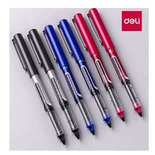 得力直液式走珠笔S657 0.5mm针管笔学生用写字笔黑色水笔老师红笔教师专用批改商务办公用品高档签字笔走液笔