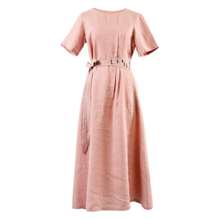 艺在原创女装粉色亚麻连衣裙2022年夏季新款高端洋气质刺绣长裙子