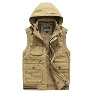 品牌加绒马甲军旅工装保暖厚款纯棉外套户外钓鱼导演记者带帽背心