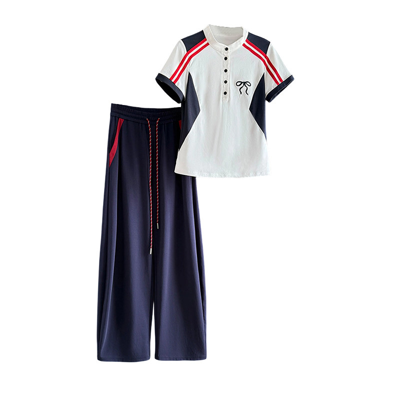 撞色条纹短袖阔腿裤高尔夫球服女
