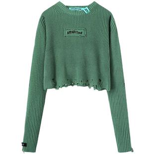 APPARITION 字母logo织标 手工破洞 短款毛衫针织衫