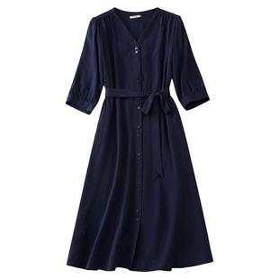 水墨佳人双绉砂洗真丝中长款V领腰带连衣裙2026年春显瘦穿搭通勤