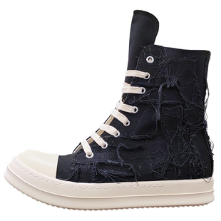 ro新款高帮鞋男增高厚底破坏布条拼接帆布板鞋女四季休闲短靴子潮