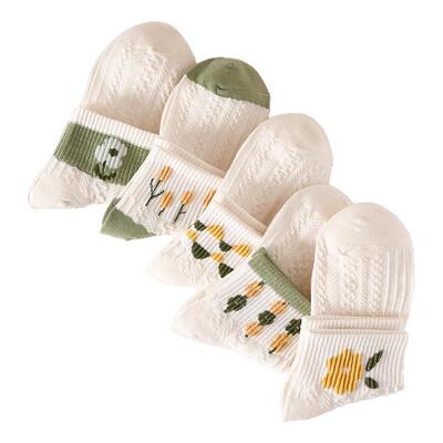 日系清新花朵少女甜美绿色袜子女中筒袜春秋夏少女ins潮运动短袜