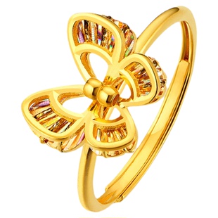 金至尊闪醉金花间蝶舞黄金戒指女2026新款幻彩爆闪足金指环活口戒