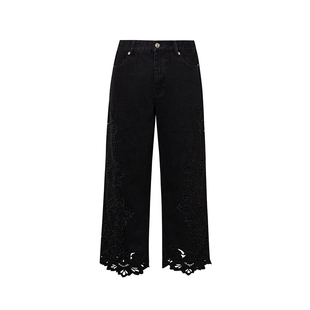 TOP家时髦态度 法式复古精湛细节重工花卉图案刺绣镂空九分牛仔裤