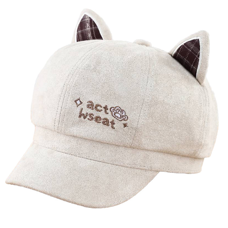 可爱猫耳刺绣宽檐显脸小八角帽