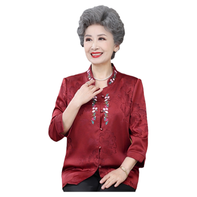 老年人女真丝绸缎衬衣喜婆婆夏装