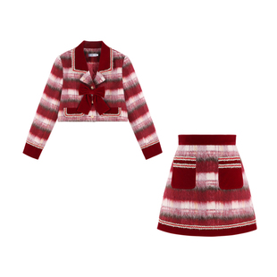法式红色格子毛呢外套两件套女冬季高级感气质新年战袍半身裙套装