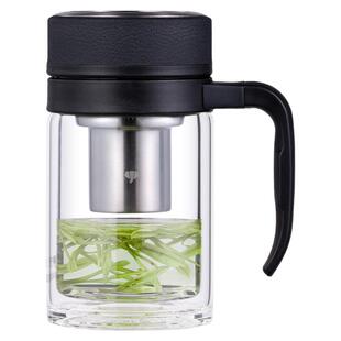 万象新品玻璃杯男士双层水杯大容量水杯商务便携带把手柄泡茶杯子