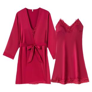 乐姿梦吊带睡裙女春秋季冰丝红色睡袍性感两件套晨袍带胸垫家居服
