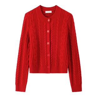 【明星同款】ROSELINGLING绞花纯羊毛针织衫冬本命年红色毛衣开衫