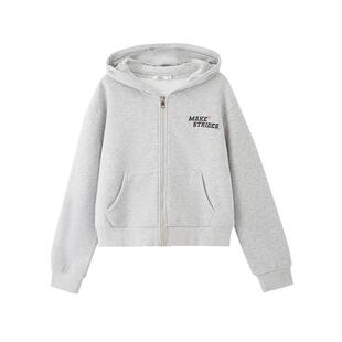 三福卫衣外套女2026新款春季英文印花加绒短款连帽开衫女装515528