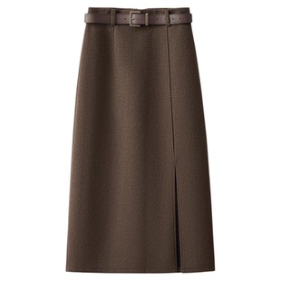 啄木鸟毛呢半身裙女秋冬季新款高腰显瘦直筒裙中长款开叉包臀裙子