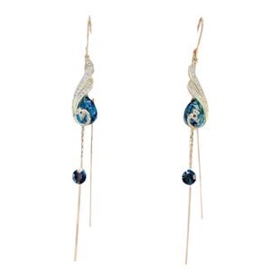 2026新款潮高级感孔雀蓝复古耳线女时尚气质水晶长款流苏纯银耳环