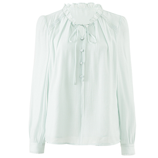 衣纱布菲仙凝 浪漫冰水蓝欧根纱衬衫新款蝴蝶结甜美减龄上衣