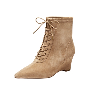 真美诗小鹿靴2025冬季新款羊皮优雅尖头坡跟时装短靴弹力瘦瘦靴女