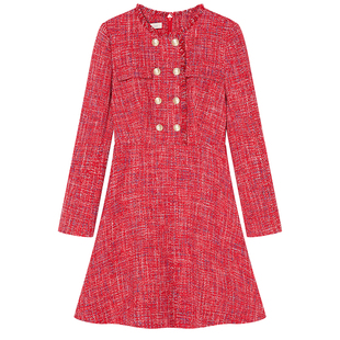 Goodland美地法式红色花纱小香风连衣裙收腰a字裙LC34505150