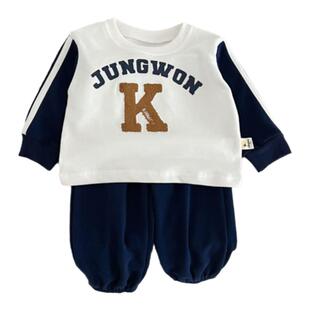 2024韩版卫衣长裤套装秋款男女宝宝休闲运动套装横杠条拼接两件套