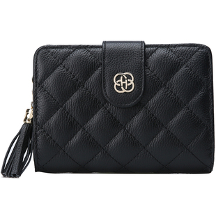 HONGU/红谷钱包女新款菱格小香风牛皮百搭拉链短款简约钱包夹卡包