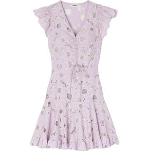 SANDRO Outlets春夏女装优雅小飞袖雏菊镂空V领收腰短款连衣裙