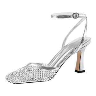 《粉丝福利特价!》网纱一字带高跟鞋女夏季百搭时尚粗跟包头凉鞋