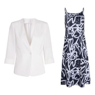 马天奴2026春夏新款白色翻领西装外套西服印花连衣裙子两件套装女