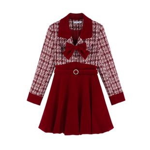 小香风v领红色格子设计感连衣裙女秋冬季高级感新年战袍丝绒裙子