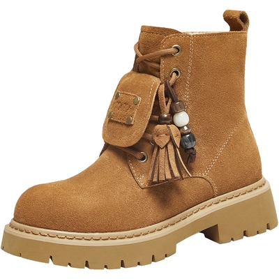 TATA他她靴子女加绒西部靴复古户外工装靴厚底马丁靴短靴YXB01DD5