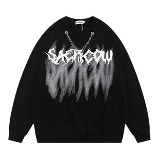 美式高街嘻哈印花圆领卫衣男宽松潮牌2026新款情侣无帽长袖上衣女