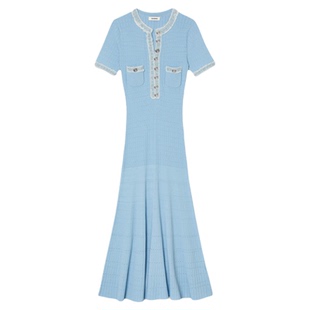 SANDRO Outlets春夏女装法式气质优雅天蓝色经典双口袋针织连衣裙