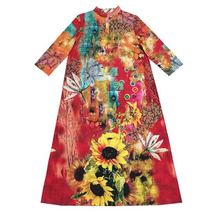 【缤纷】素心自制民族风苎麻连衣裙秋夏立领复古大花宽松长裙包邮