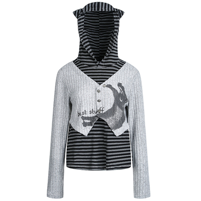 原创美式y2k条纹猫耳朵长袖T恤潮