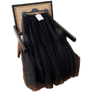 D家小姐网纱裙半身裙女中长款2026夏装百搭a字裙高腰波点植绒长裙