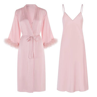 真丝性感睡袍女春秋季可拆卸鸵鸟毛送闺蜜女友生日礼物高端礼盒装