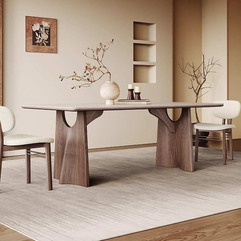 木缘古舍中古洞石岩板餐桌小户型全托饭桌6人长方形岩板实木餐桌