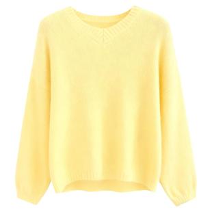 温柔慵懒风V领长毛绒毛衣女鹅黄色软糯显瘦针织衫上衣小众宽松衣